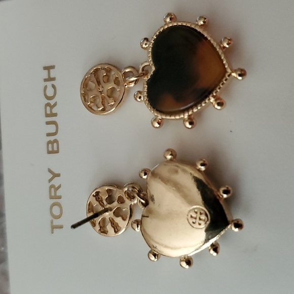 Tory Burch Resin Brown Heart Logo Small Drop Earrings - Picture 7 of 7